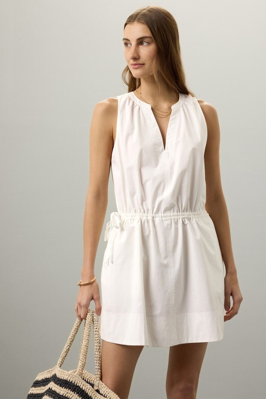 Splendid Sz S White Cotton Sleeveless V-Neck Drawstring Waist Coastal Mini Dress